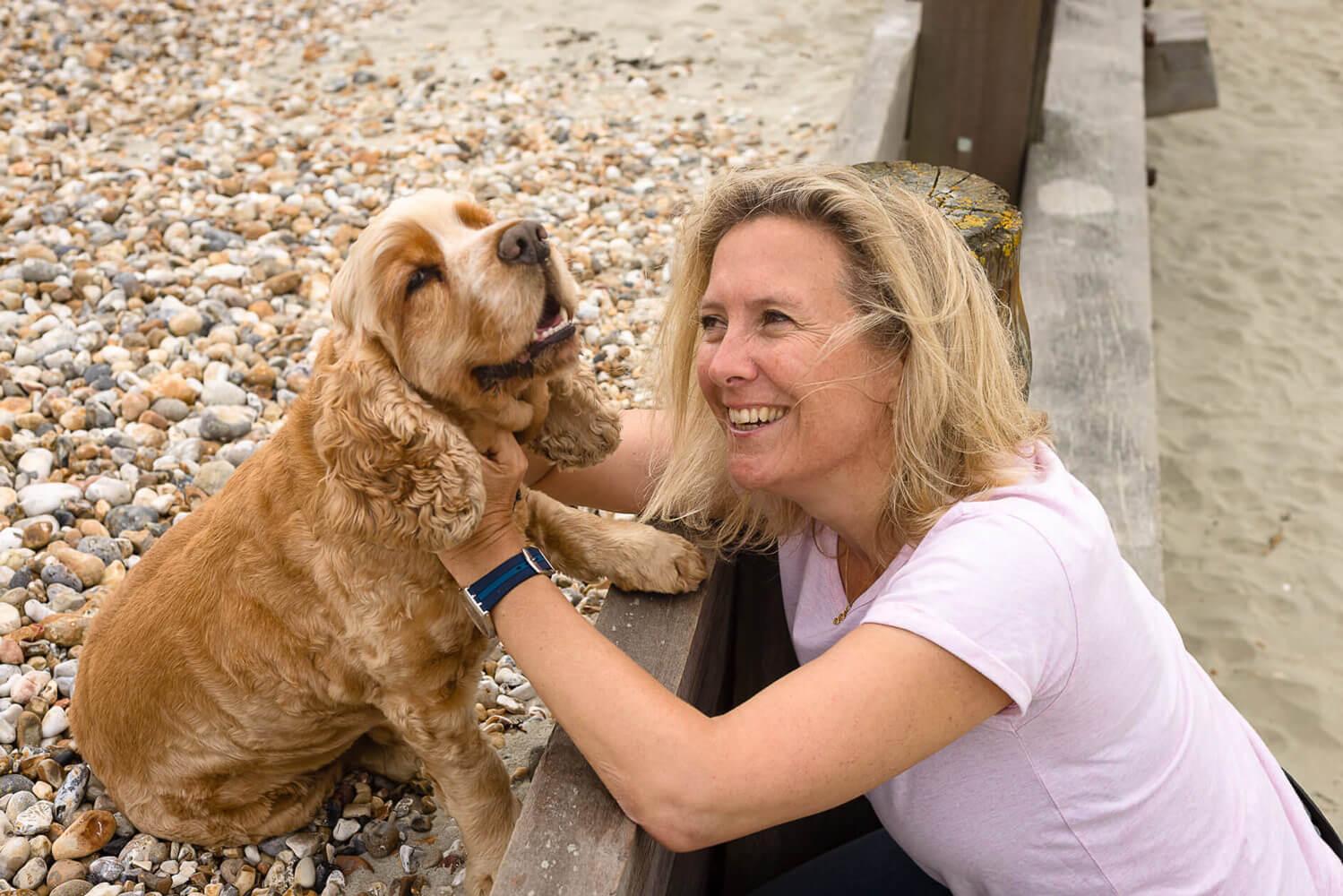 Juliet on the beach with her dog, Cosby